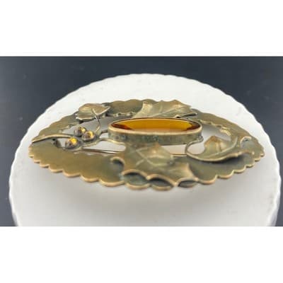 Antique JHP Danish Holly Brooch Brass Sash Pin Citrine Glass Art Nouveau - Thumbnail 5