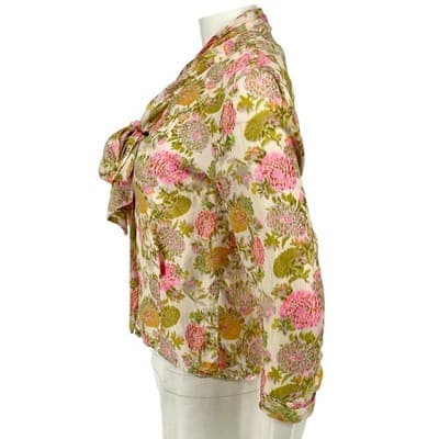 Vintage Adelaar Silk Floral Pussy Bow Blouse 40s 50s Pink Green Romantic Top - Thumbnail 3