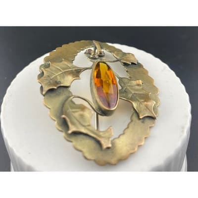Antique JHP Danish Holly Brooch Brass Sash Pin Citrine Glass Art Nouveau - Thumbnail 7