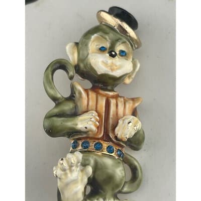 Vintage HAR Organ Grinder Monkey Brooch Enamel Figural Blue Rhinestone Belt Pin - Thumbnail 3