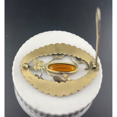 Antique JHP Danish Holly Brooch Brass Sash Pin Citrine Glass Art Nouveau - Thumbnail 10