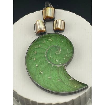 Sterling Nautilus Shell Pendant Studio Artisan Glitter MOP Statement Necklace - Thumbnail 4