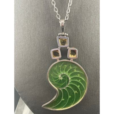 Sterling Nautilus Shell Pendant Studio Artisan Glitter MOP Statement Necklace - Thumbnail 5