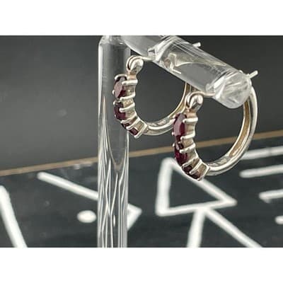 Sterling Silver Garnet Hoop Earrings 925 Marquise Cut Garnets Huggie Hoops - Thumbnail 6