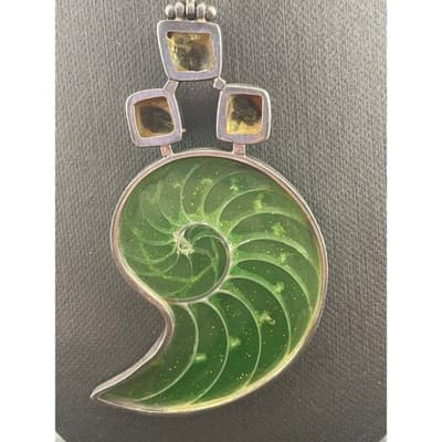 Sterling Nautilus Shell Pendant Studio Artisan Glitter MOP Statement Necklace - Thumbnail 6