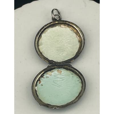 Antique 1920s Sterling Silver Guilloché Enamel Locket Blue Floral Rose Pendant - Thumbnail 7
