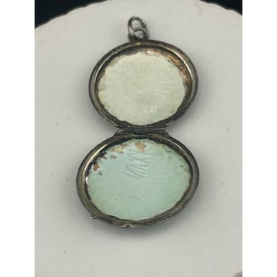 Antique 1920s Sterling Silver Guilloché Enamel Locket Blue Floral Rose Pendant - Thumbnail 8