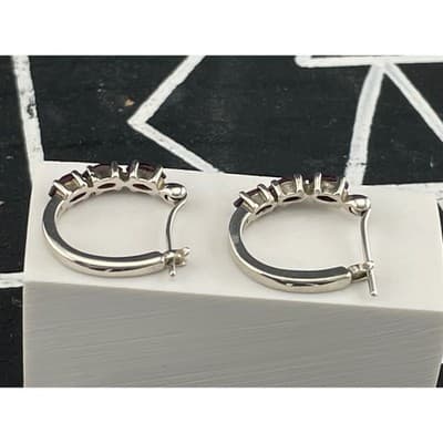 Sterling Silver Garnet Hoop Earrings 925 Marquise Cut Garnets Huggie Hoops - Thumbnail 9