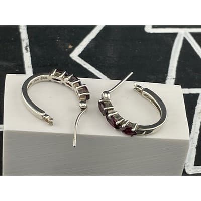 Sterling Silver Garnet Hoop Earrings 925 Marquise Cut Garnets Huggie Hoops - Thumbnail 8