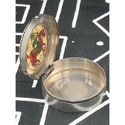 Vintage 800 Silver Persia Hand Painted Bone Pill Box Hunting Scene Round Trinket - Thumbnail 8
