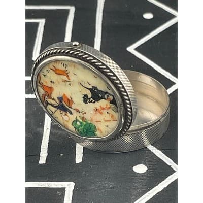 Vintage 800 Silver Persia Hand Painted Bone Pill Box Hunting Scene Round Trinket - Thumbnail 9