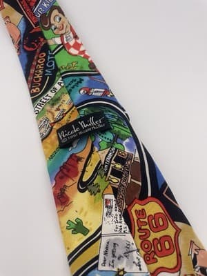 Nicole Miller Silk Novelty Tie Vintage 90s Route 66 Travel Road Trip 1991 USA - Thumbnail 6