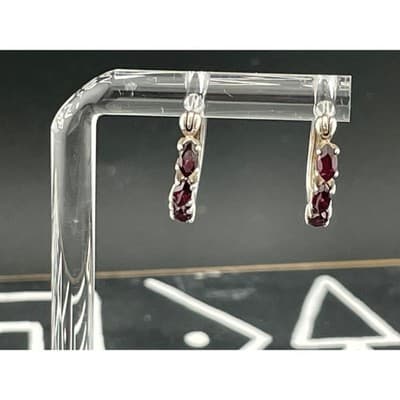 Sterling Silver Garnet Hoop Earrings 925 Marquise Cut Garnets Huggie Hoops - Thumbnail 7