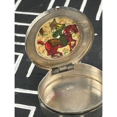 Vintage 800 Silver Persia Hand Painted Bone Pill Box Hunting Scene Round Trinket - Thumbnail 5