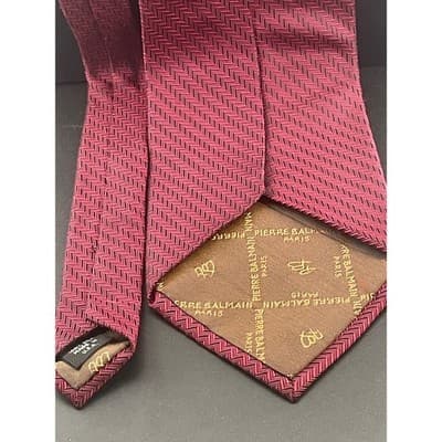Vintage Pierre Balmain Couture Silk Neck Tie Wine Red Black Herringbone Chevron - Thumbnail 10