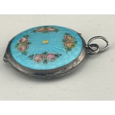 Antique 1920s Sterling Silver Guilloché Enamel Locket Blue Floral Rose Pendant - Thumbnail 2