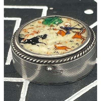 Vintage 800 Silver Persia Hand Painted Bone Pill Box Hunting Scene Round Trinket - Thumbnail 10