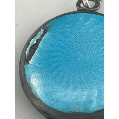 Antique 1920s Sterling Silver Guilloché Enamel Locket Blue Floral Rose Pendant - Thumbnail 4