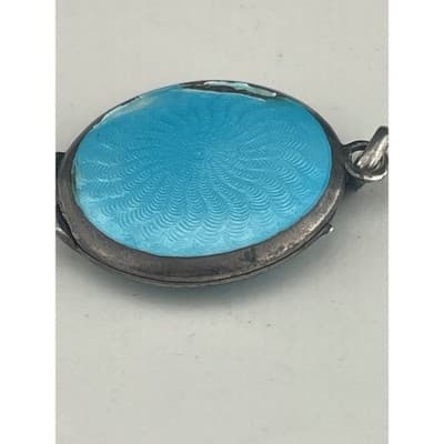 Antique 1920s Sterling Silver Guilloché Enamel Locket Blue Floral Rose Pendant - Thumbnail 6