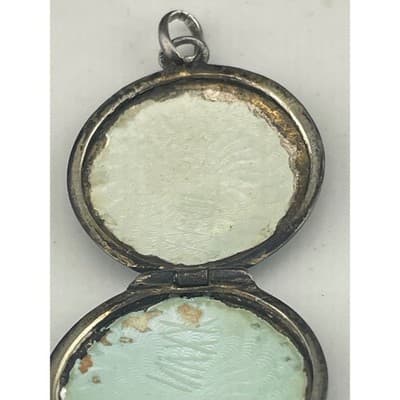 Antique 1920s Sterling Silver Guilloché Enamel Locket Blue Floral Rose Pendant - Thumbnail 9