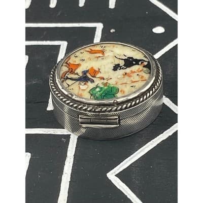 Vintage 800 Silver Persia Hand Painted Bone Pill Box Hunting Scene Round Trinket - Thumbnail 3
