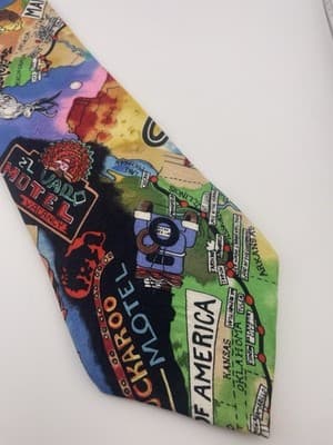 Nicole Miller Silk Novelty Tie Vintage 90s Route 66 Travel Road Trip 1991 USA - Thumbnail 2