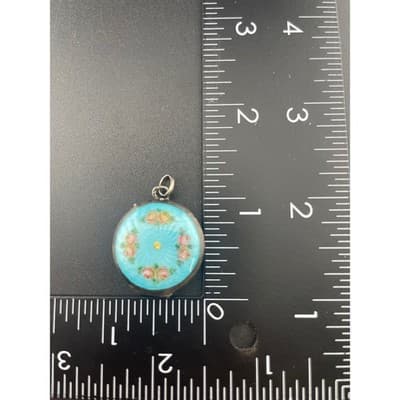 Antique 1920s Sterling Silver Guilloché Enamel Locket Blue Floral Rose Pendant - Thumbnail 12