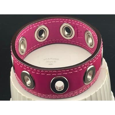 Coach Y2K Hot Pink Patent Leather Grommet Bangle Wide 1" Statement Bracelet vtg - Thumbnail 4