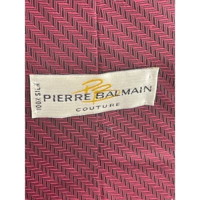 Vintage Pierre Balmain Couture Silk Neck Tie Wine Red Black Herringbone Chevron - Thumbnail 8