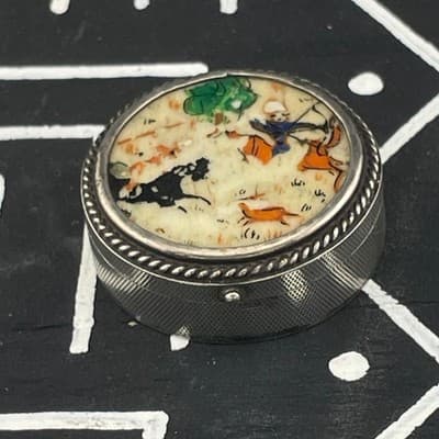 Vintage 800 Silver Persia Hand Painted Bone Pill Box Hunting Scene Round Trinket - Thumbnail 2