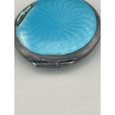 Antique 1920s Sterling Silver Guilloché Enamel Locket Blue Floral Rose Pendant - Thumbnail 5