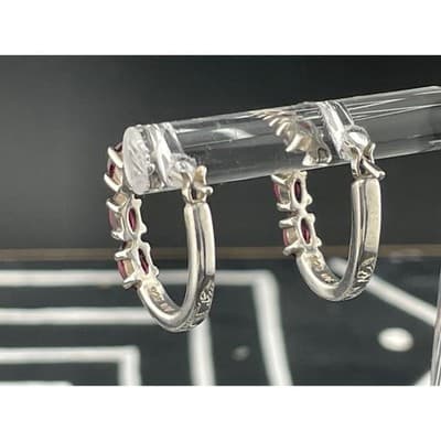 Sterling Silver Garnet Hoop Earrings 925 Marquise Cut Garnets Huggie Hoops - Thumbnail 5