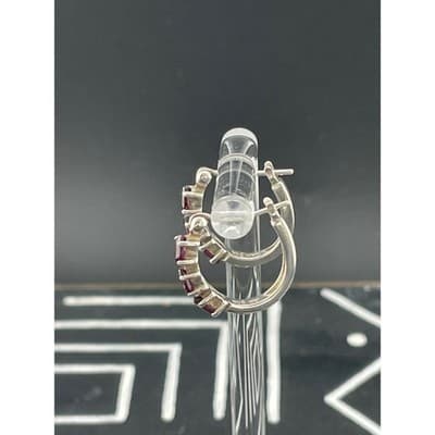 Sterling Silver Garnet Hoop Earrings 925 Marquise Cut Garnets Huggie Hoops - Thumbnail 3