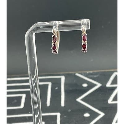 Sterling Silver Garnet Hoop Earrings 925 Marquise Cut Garnets Huggie Hoops - Thumbnail 2
