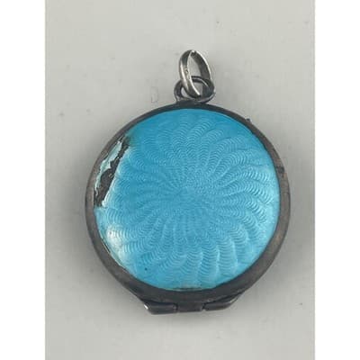 Antique 1920s Sterling Silver Guilloché Enamel Locket Blue Floral Rose Pendant - Thumbnail 3