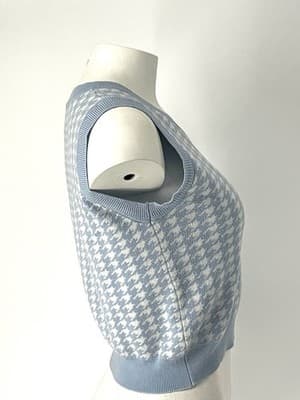 Women’s Pastel Baby Blue Houndstooth cropped Sweater Vest Knit Small White - Thumbnail 4