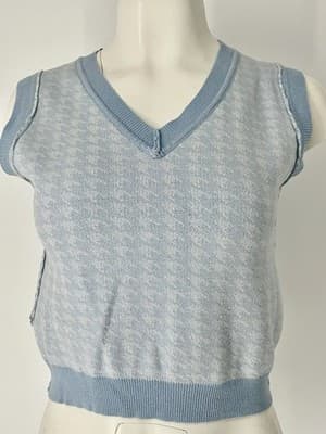 Women’s Pastel Baby Blue Houndstooth cropped Sweater Vest Knit Small White - Thumbnail 5