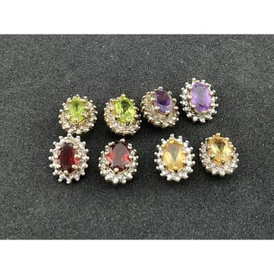 Vintage Sterling Vermeil Gem Stud Earring 4 Pair Amethyst Citrine Garnet Peridot - Thumbnail 3
