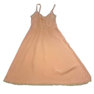 1930s Peach Rayon Slip Dress Embroidered Lace Bias Cut Lingerie Antique Boudoir - Thumbnail 2