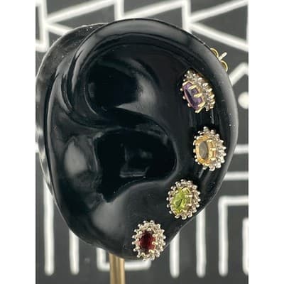 Vintage Sterling Vermeil Gem Stud Earring 4 Pair Amethyst Citrine Garnet Peridot - Thumbnail 5