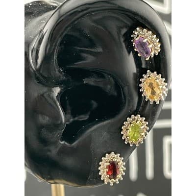 Vintage Sterling Vermeil Gem Stud Earring 4 Pair Amethyst Citrine Garnet Peridot - Thumbnail 10