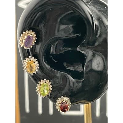Vintage Sterling Vermeil Gem Stud Earring 4 Pair Amethyst Citrine Garnet Peridot - Thumbnail 9