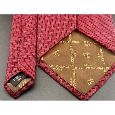 Vintage Pierre Balmain Couture Silk Neck Tie Wine Red Black Herringbone Chevron - Thumbnail 9
