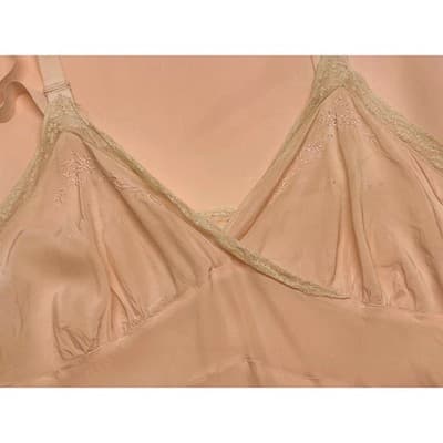 1930s Peach Rayon Slip Dress Embroidered Lace Bias Cut Lingerie Antique Boudoir - Thumbnail 3