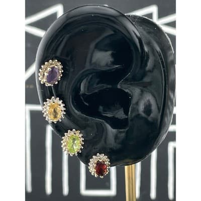 Vintage Sterling Vermeil Gem Stud Earring 4 Pair Amethyst Citrine Garnet Peridot - Thumbnail 4