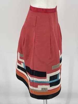 Oscar de La Renta Skirt Embroidered Silk Geometric Coral Size 6 Small A Line - Thumbnail 4