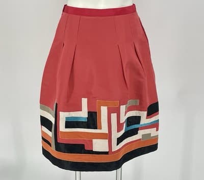 Oscar de La Renta Skirt Embroidered Silk Geometric Coral Size 6 Small A Line - Thumbnail 2
