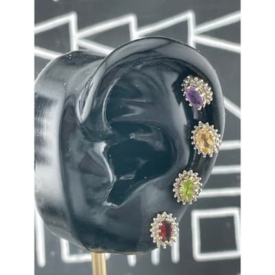 Vintage Sterling Vermeil Gem Stud Earring 4 Pair Amethyst Citrine Garnet Peridot - Thumbnail 6