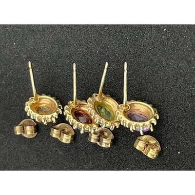 Vintage Sterling Vermeil Gem Stud Earring 4 Pair Amethyst Citrine Garnet Peridot - Thumbnail 12