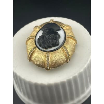 Schrager Large Gold Tone Statement Brooch Black Cameo Rhinestone Sculptural Vtg - Thumbnail 4